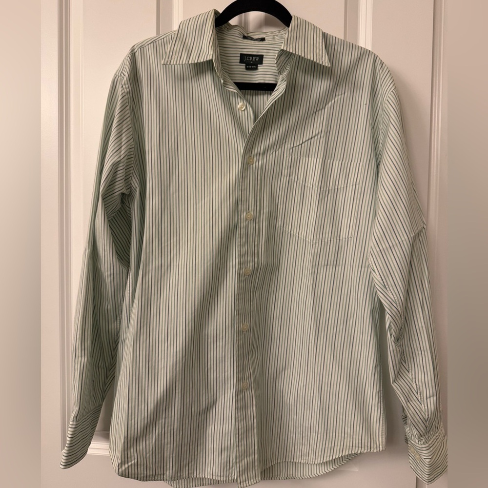 J. Crew Men's Shirt in Green and White Stripes